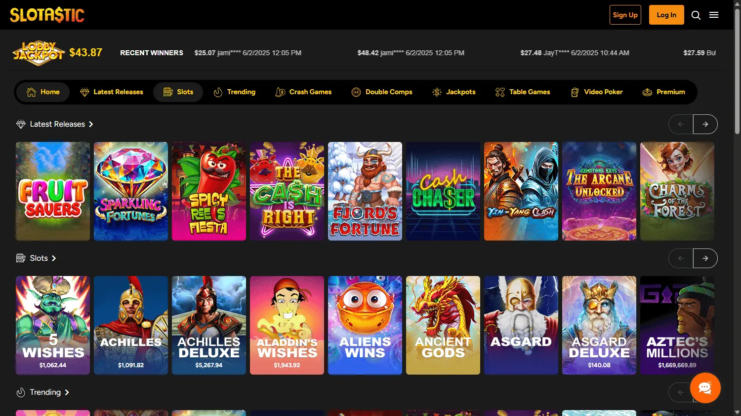 Slotastic Casino desktop table and jackpot games
